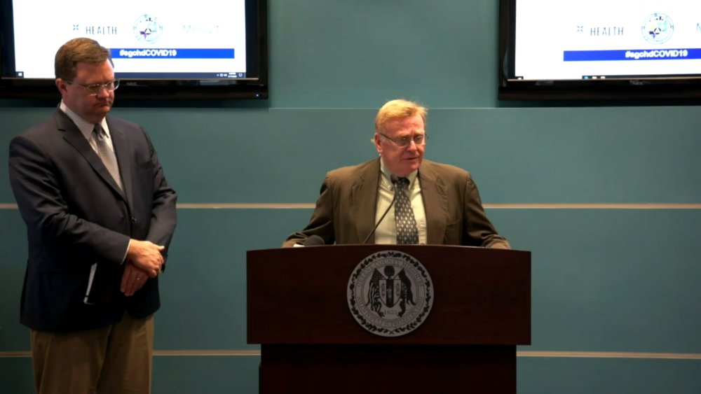 Mayor Ken McClure announces public gatherings larger than 10 people are prohibited until April 1. Greene County Presiding Commissioner Bob Dixon, left, joined him at a Tuesday news conference.